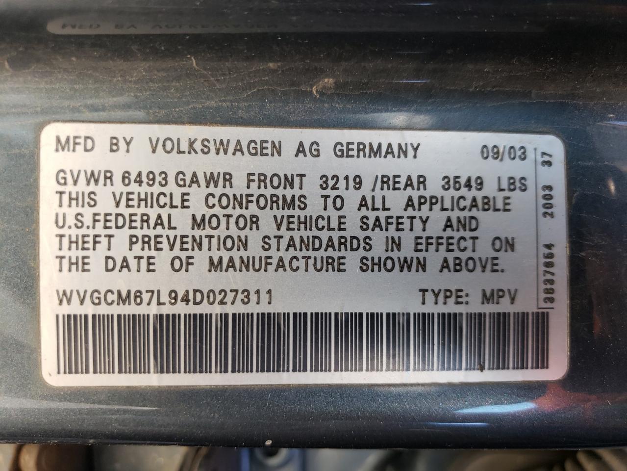 WVGCM67L94D027311 2004 Volkswagen Touareg 4.2