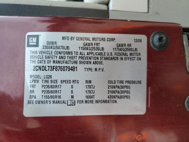 2007 Chevrolet Equinox Lt VIN: 2CNDL73F876079481 Lot: 61834504