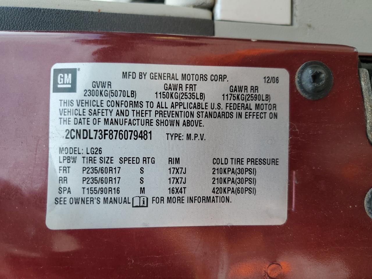 2CNDL73F876079481 2007 Chevrolet Equinox Lt