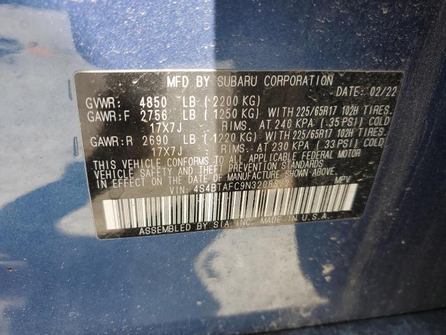 2022 Subaru Outback Premium VIN: 4S4BTAFC9N3208872 Lot: 61016424