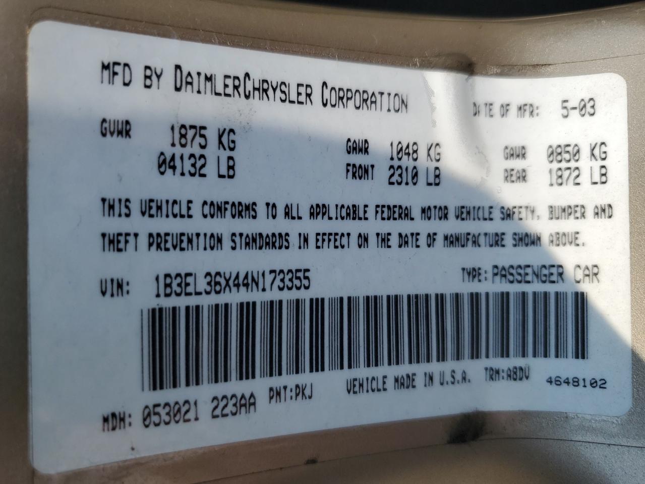 1B3EL36X44N173355 2004 Dodge Stratus Se