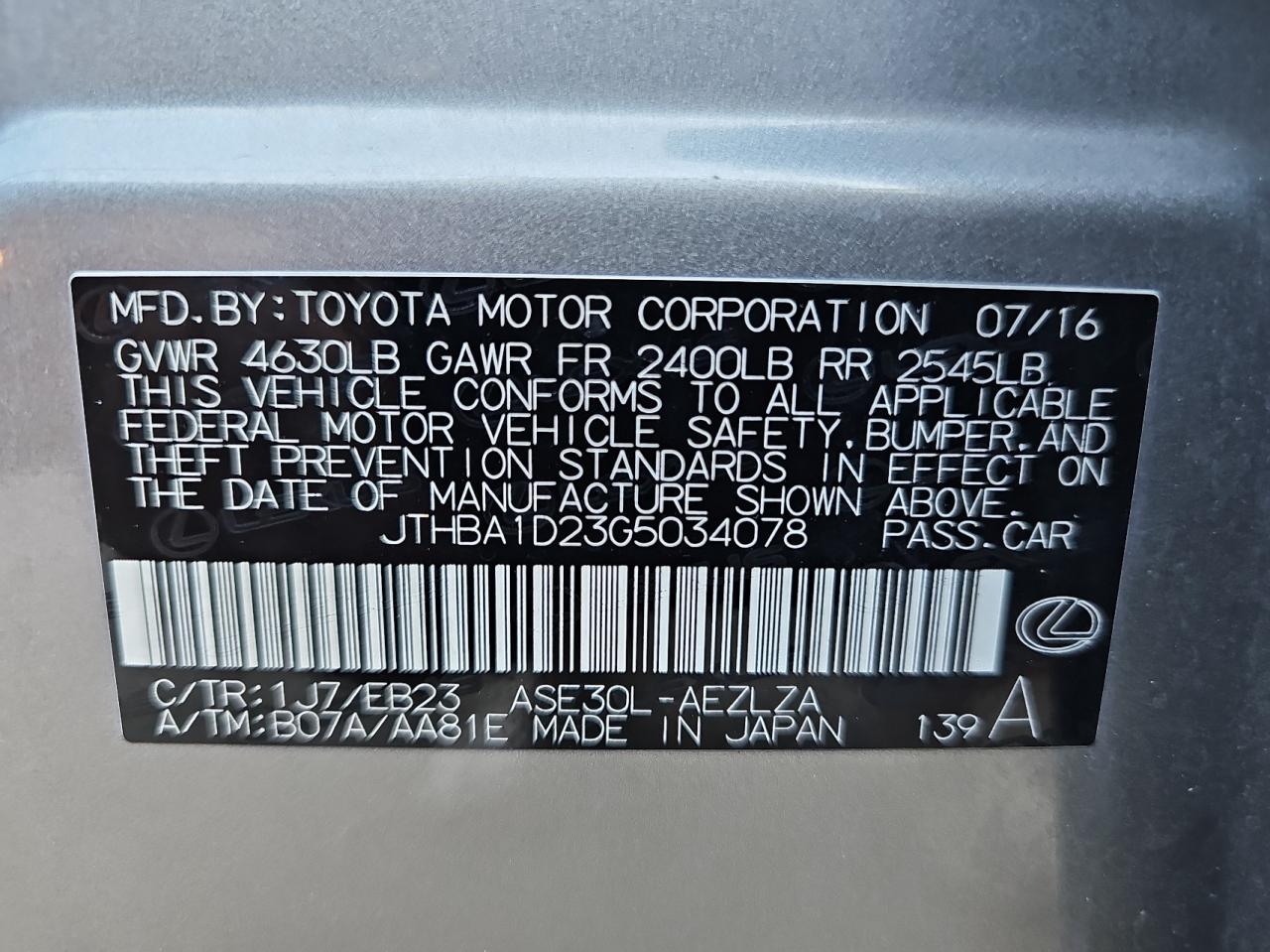 JTHBA1D23G5034078 2016 Lexus Is 200T