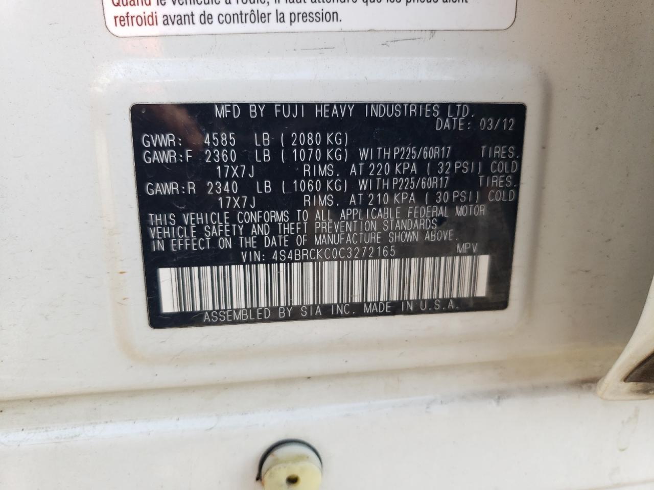 4S4BRCKC0C3272165 2012 Subaru Outback 2.5I Limited