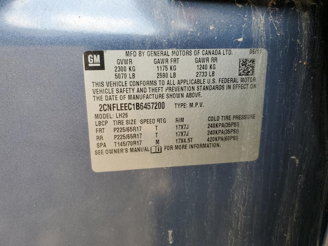 2CNFLEEC1B6457200 2011 Chevrolet Equinox Lt