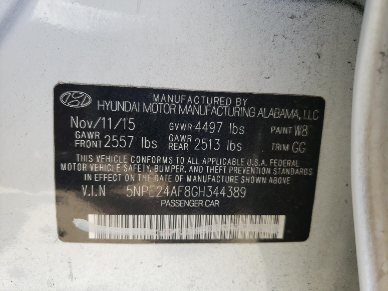 2016 Hyundai Sonata Se vin: 5NPE24AF8GH344389