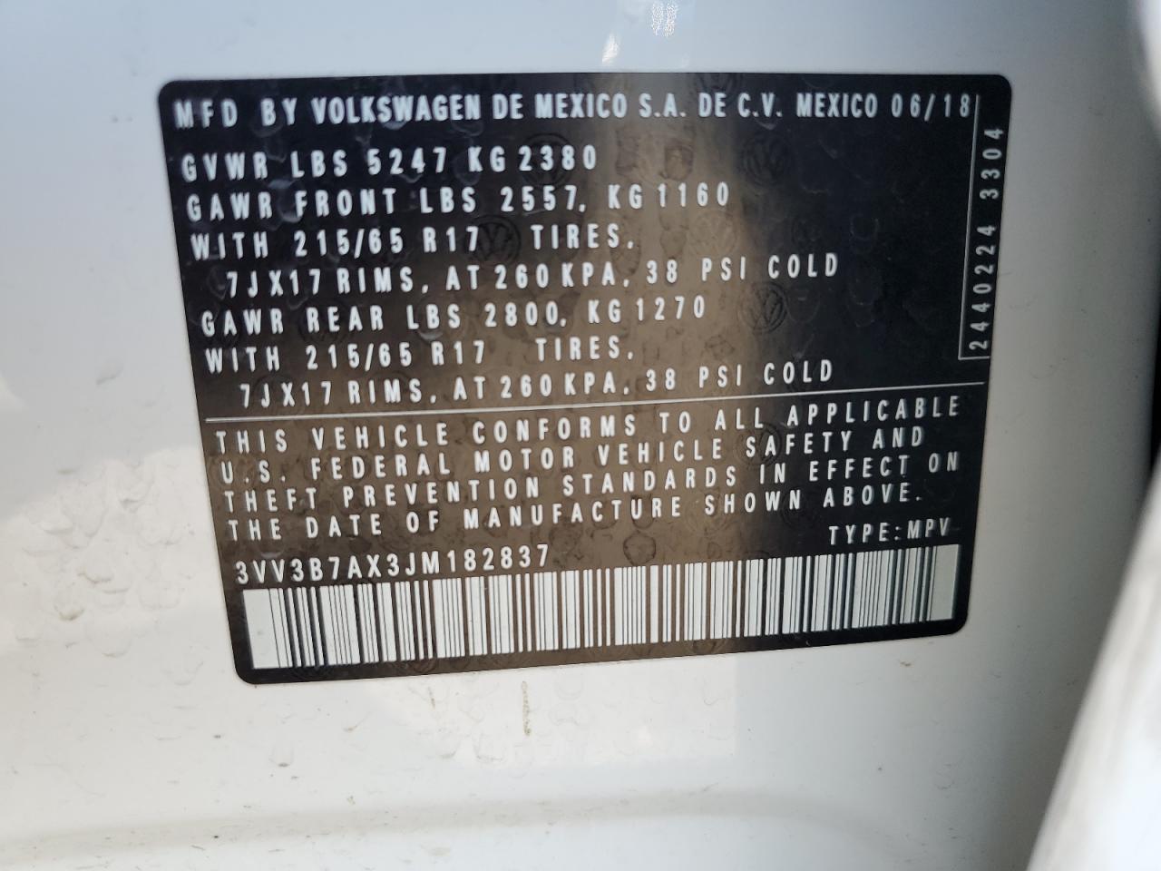 3VV3B7AX3JM182837 2018 Volkswagen Tiguan Se