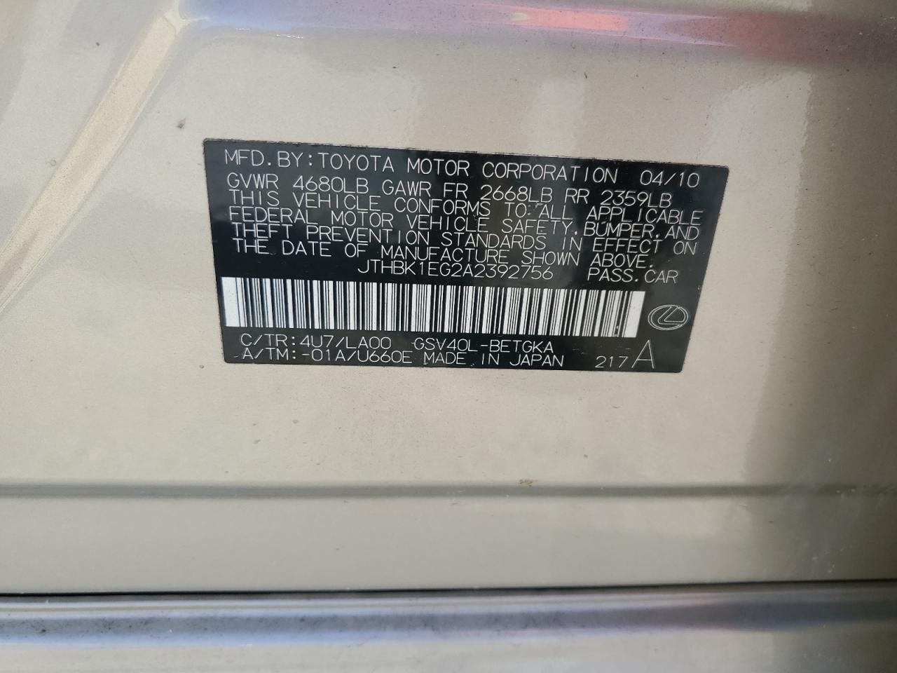 JTHBK1EG2A2392756 2010 Lexus Es 350