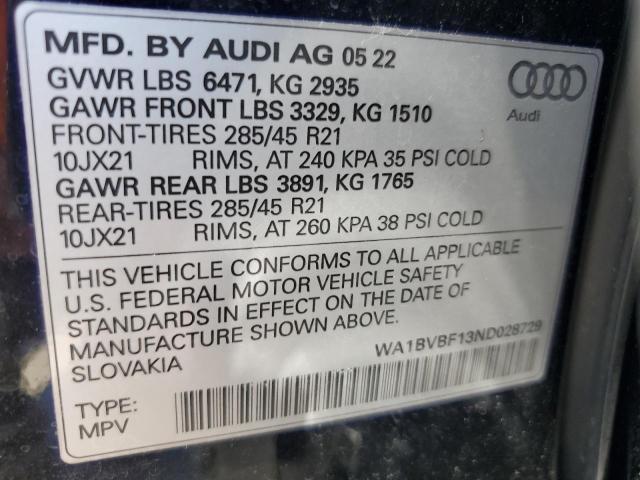 2022 Audi Q8 Premium Plus VIN: WA1BVBF13ND028729 Lot: 62061684