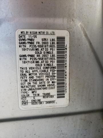 2006 Nissan Murano Sl VIN: JN8AZ08W76W513307 Lot: 61364804