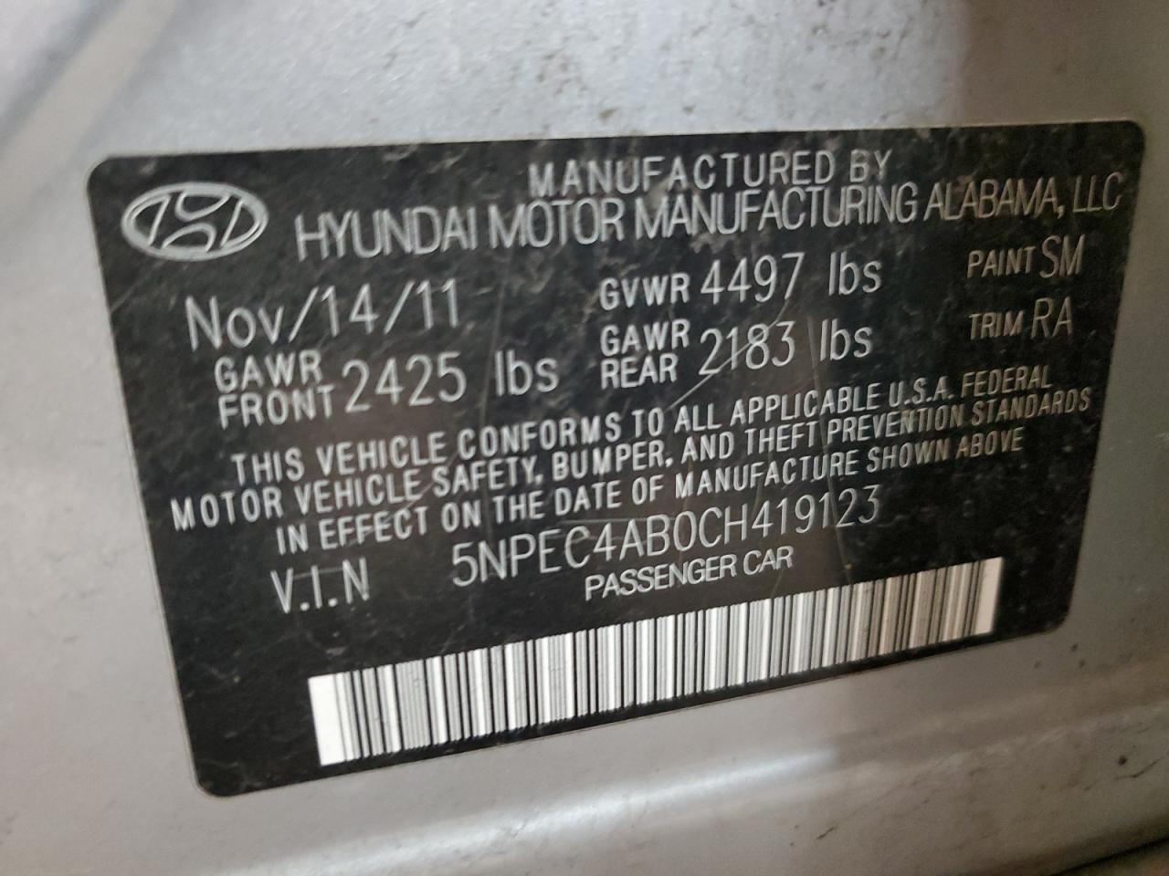 5NPEC4AB0CH419123 2012 Hyundai Sonata Se