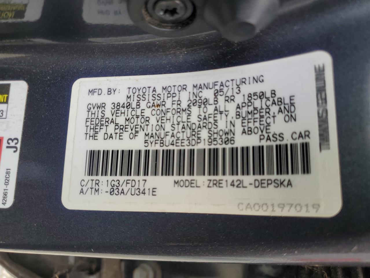 5YFBU4EE3DP195306 2013 Toyota Corolla Base