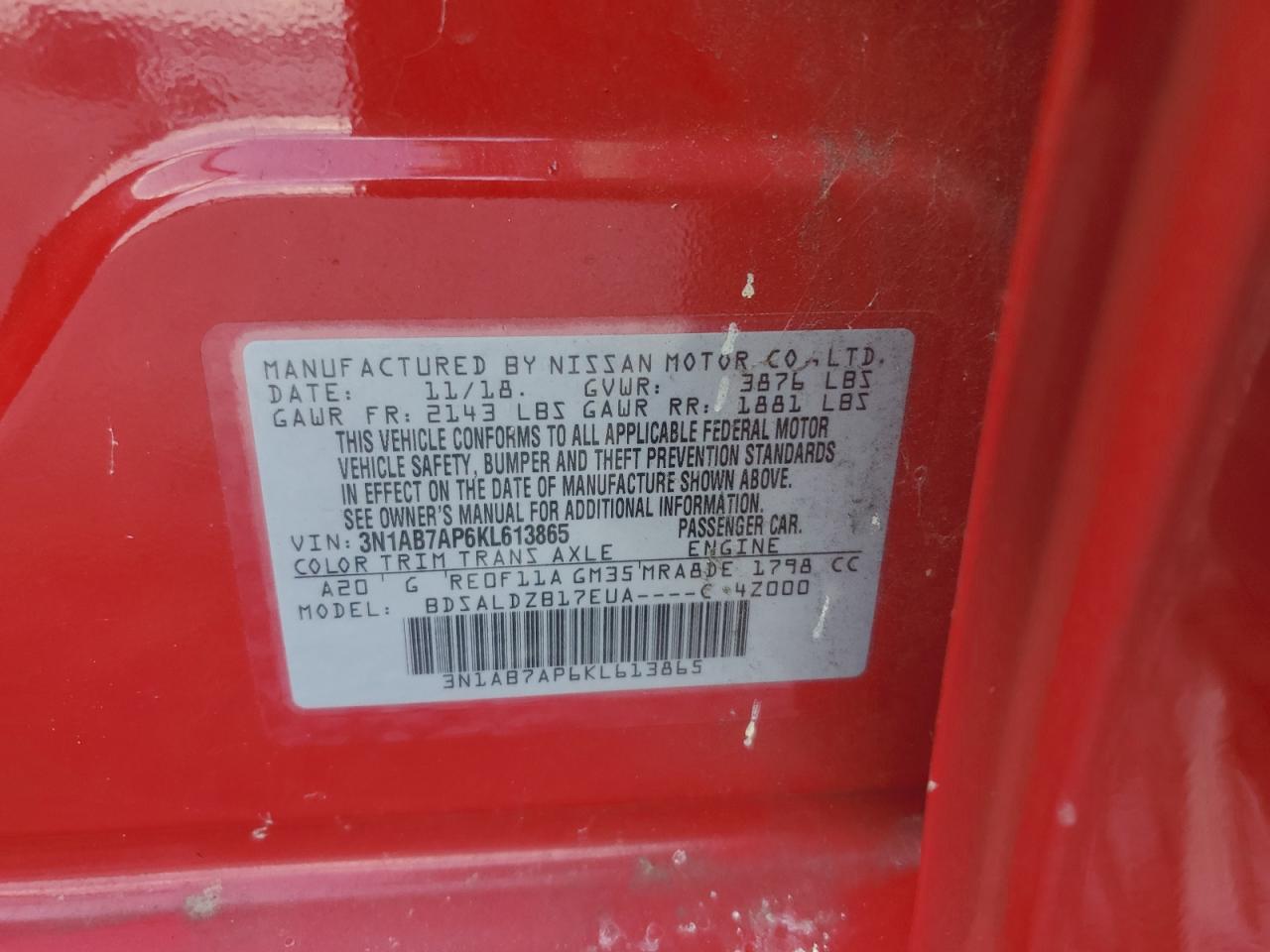 3N1AB7AP6KL613865 2019 Nissan Sentra S