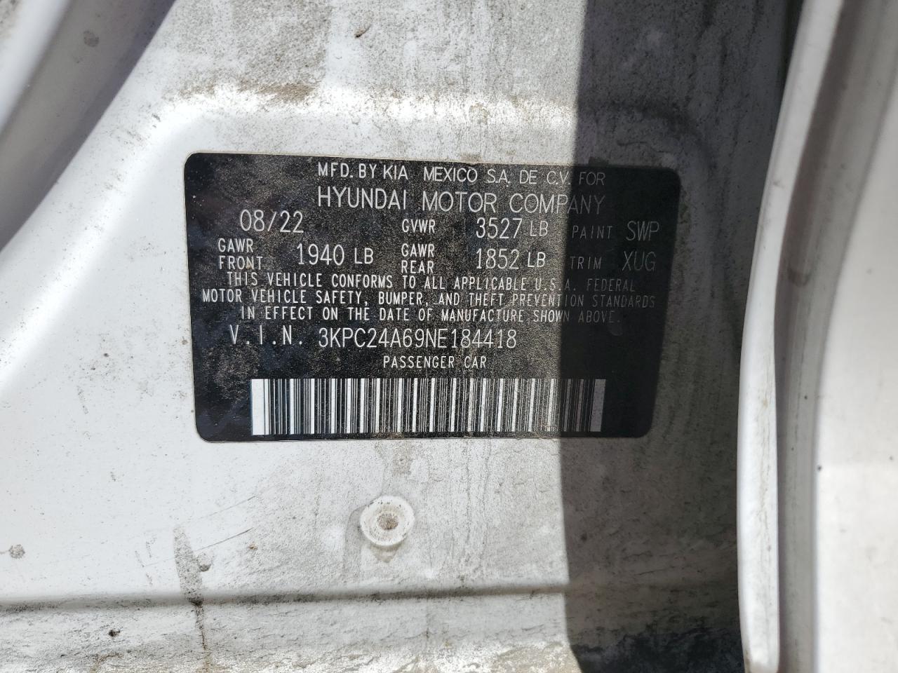 3KPC24A69NE184418 2022 Hyundai Accent Se