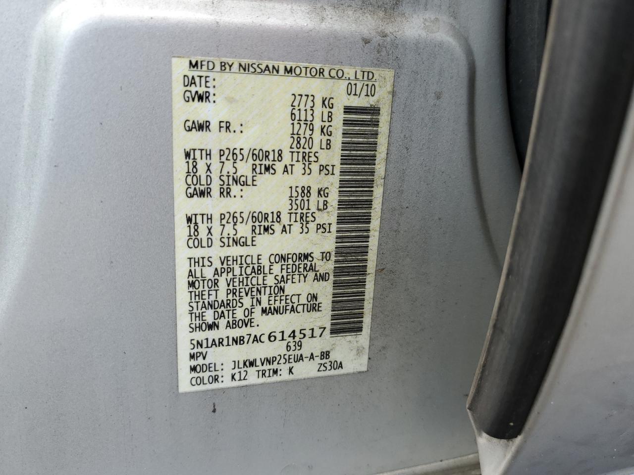 5N1AR1NB7AC614517 2010 Nissan Pathfinder S