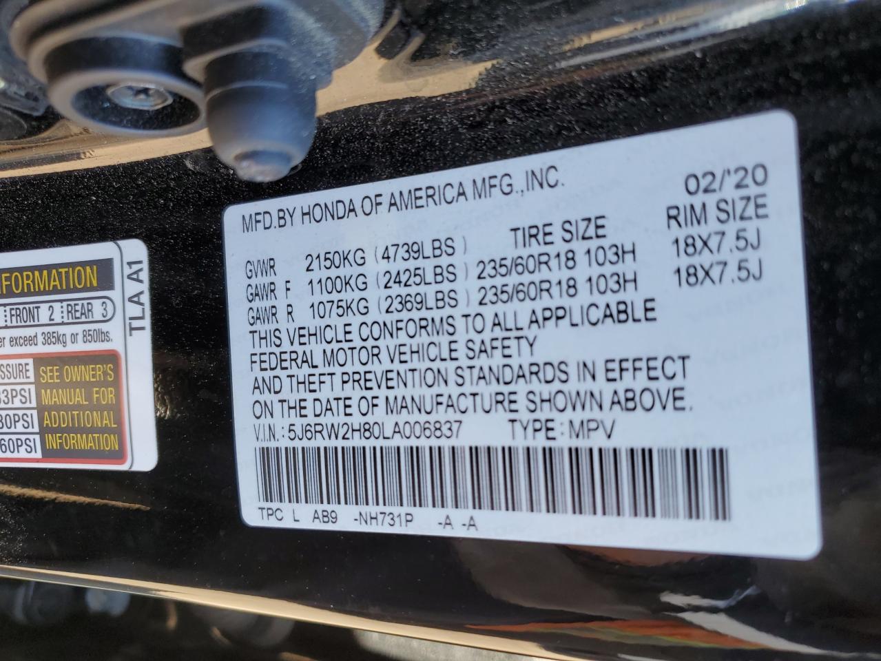 5J6RW2H80LA006837 2020 Honda Cr-V Exl