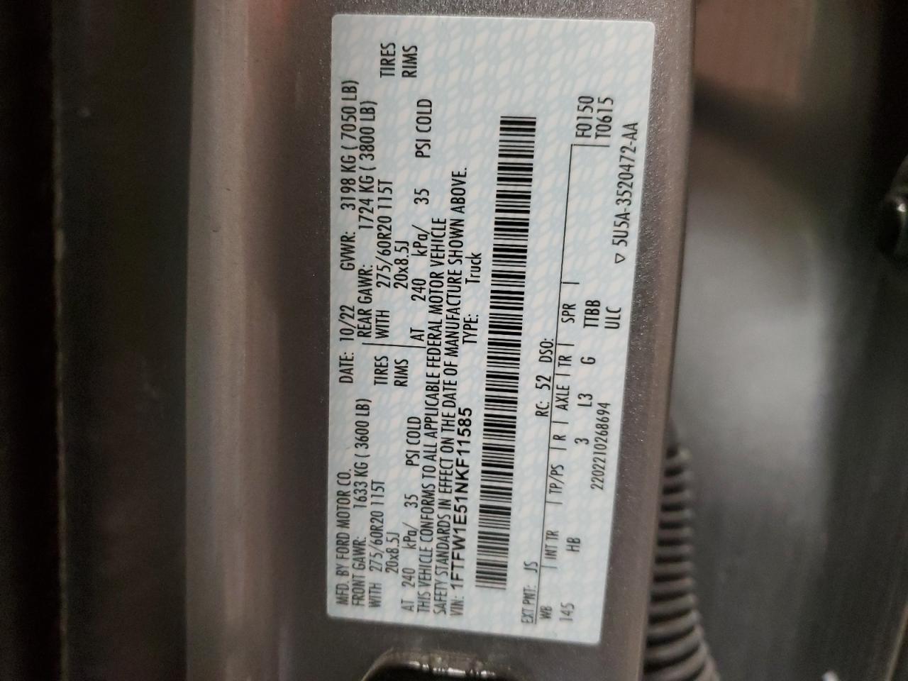 1FTFW1E51NKF11585 2022 Ford F150 Supercrew