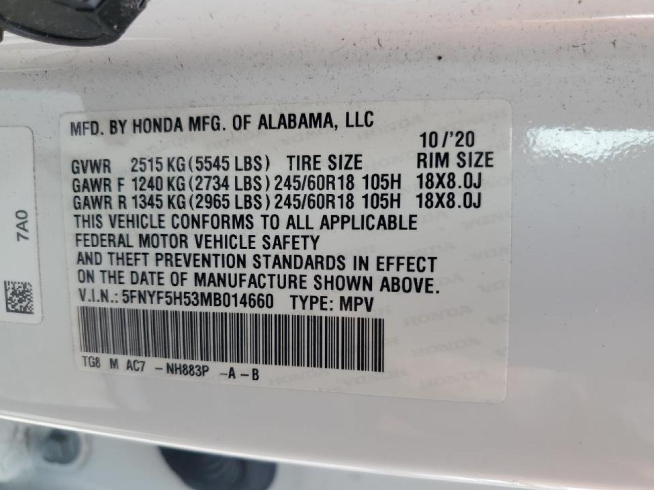 5FNYF5H53MB014660 2021 Honda Pilot Exl