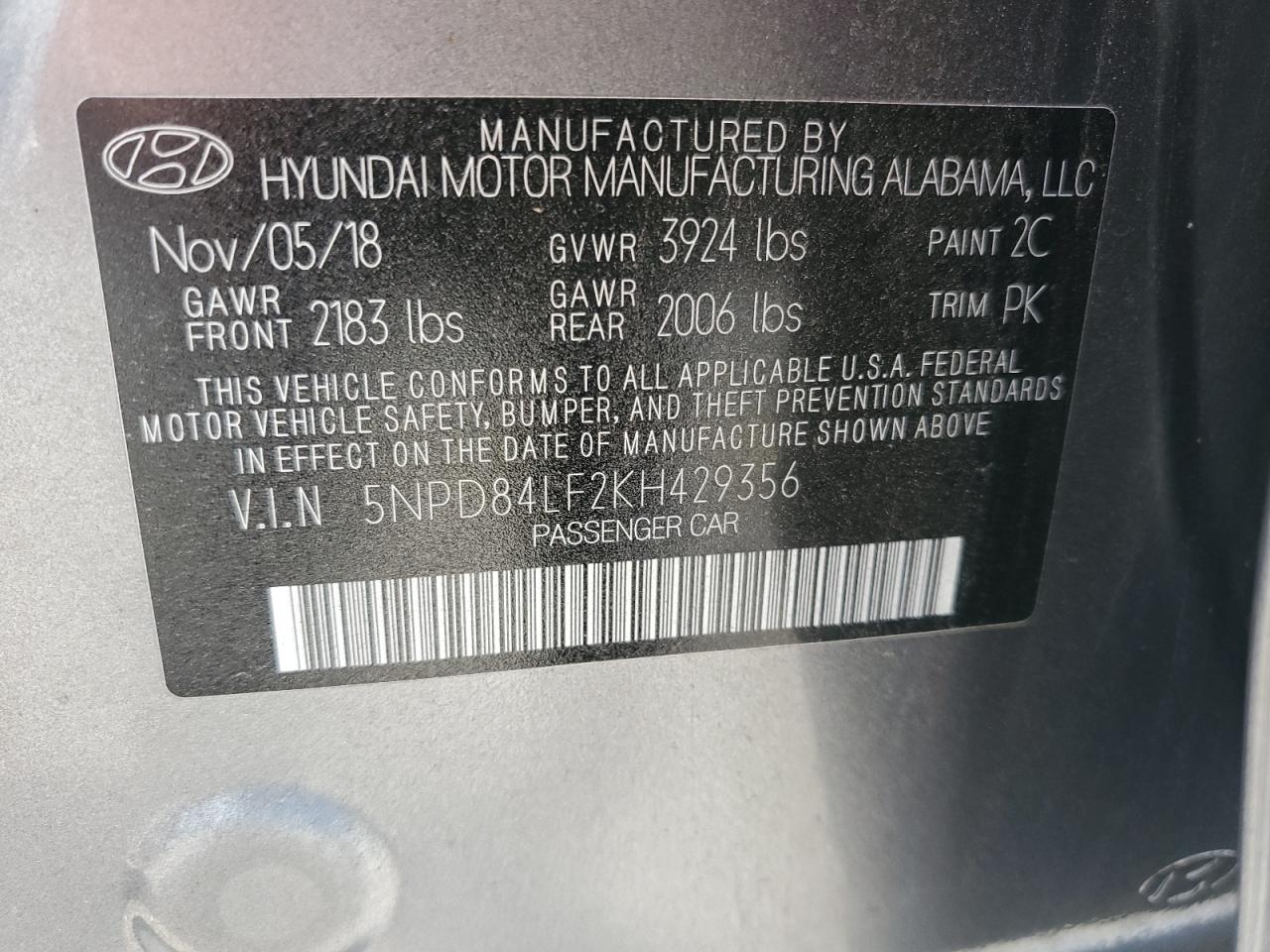 2019 Hyundai Elantra Sel vin: 5NPD84LF2KH429356