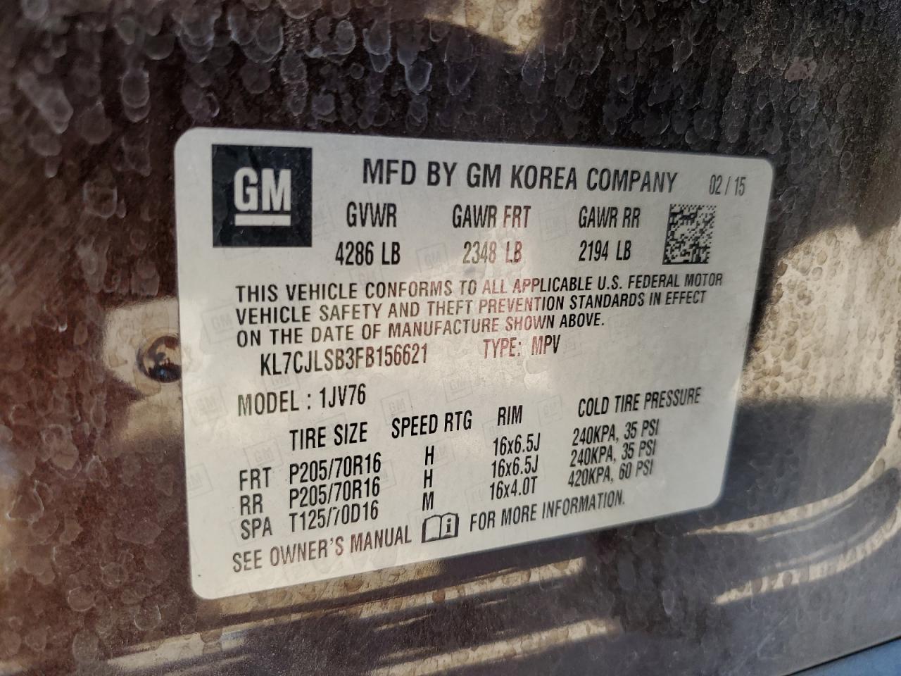 KL7CJLSB3FB156621 2015 Chevrolet Trax 1Lt