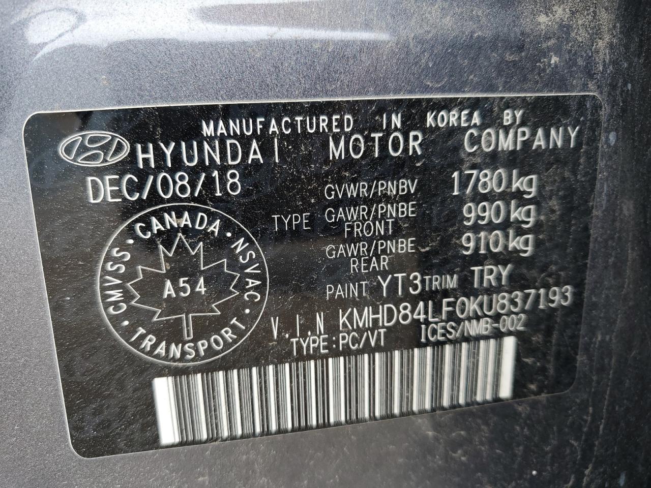 KMHD84LF0KU837193 2019 Hyundai Elantra Sel