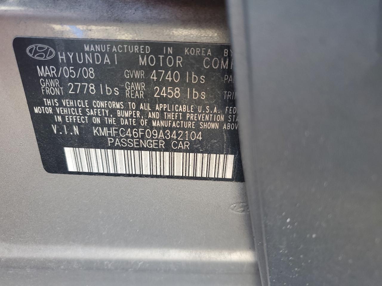 KMHFC46F09A342104 2009 Hyundai Azera Se