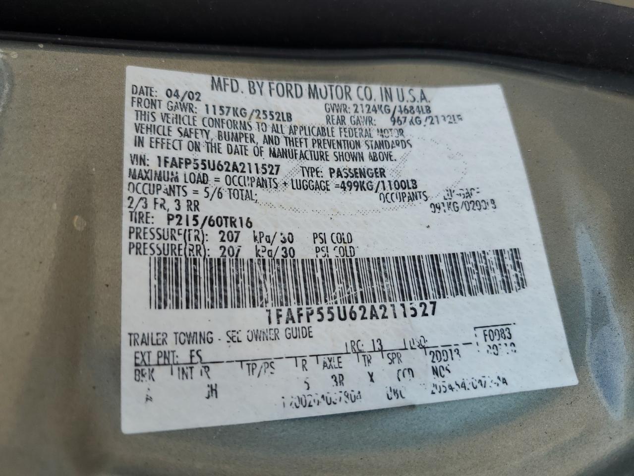 1FAFP55U62A211527 2002 Ford Taurus Ses