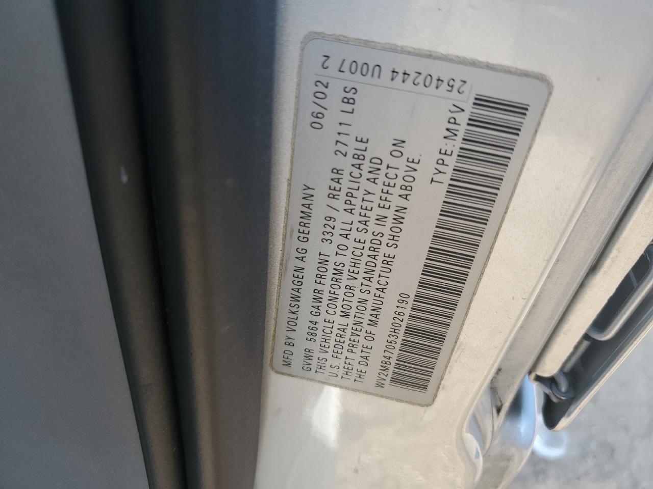 WV2MB47053H026190 2003 Volkswagen Eurovan Mv