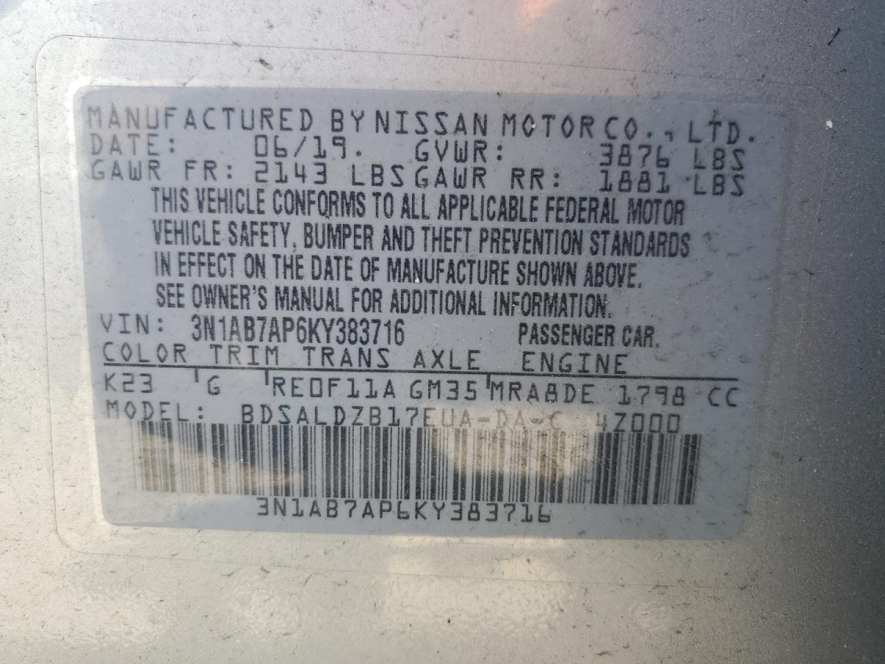 3N1AB7AP6KY383716 2019 Nissan Sentra S