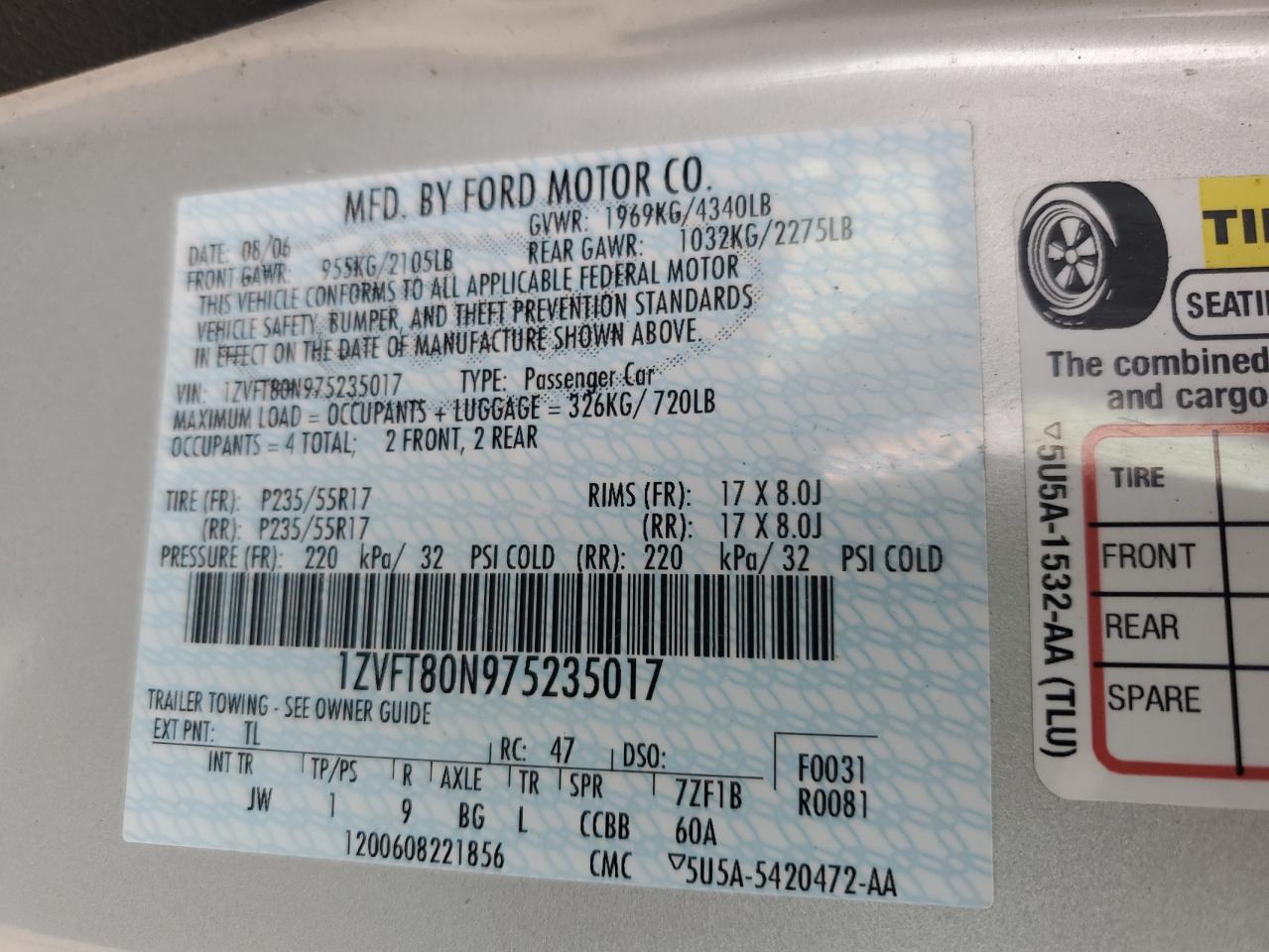 1ZVFT80N975235017 2007 Ford Mustang