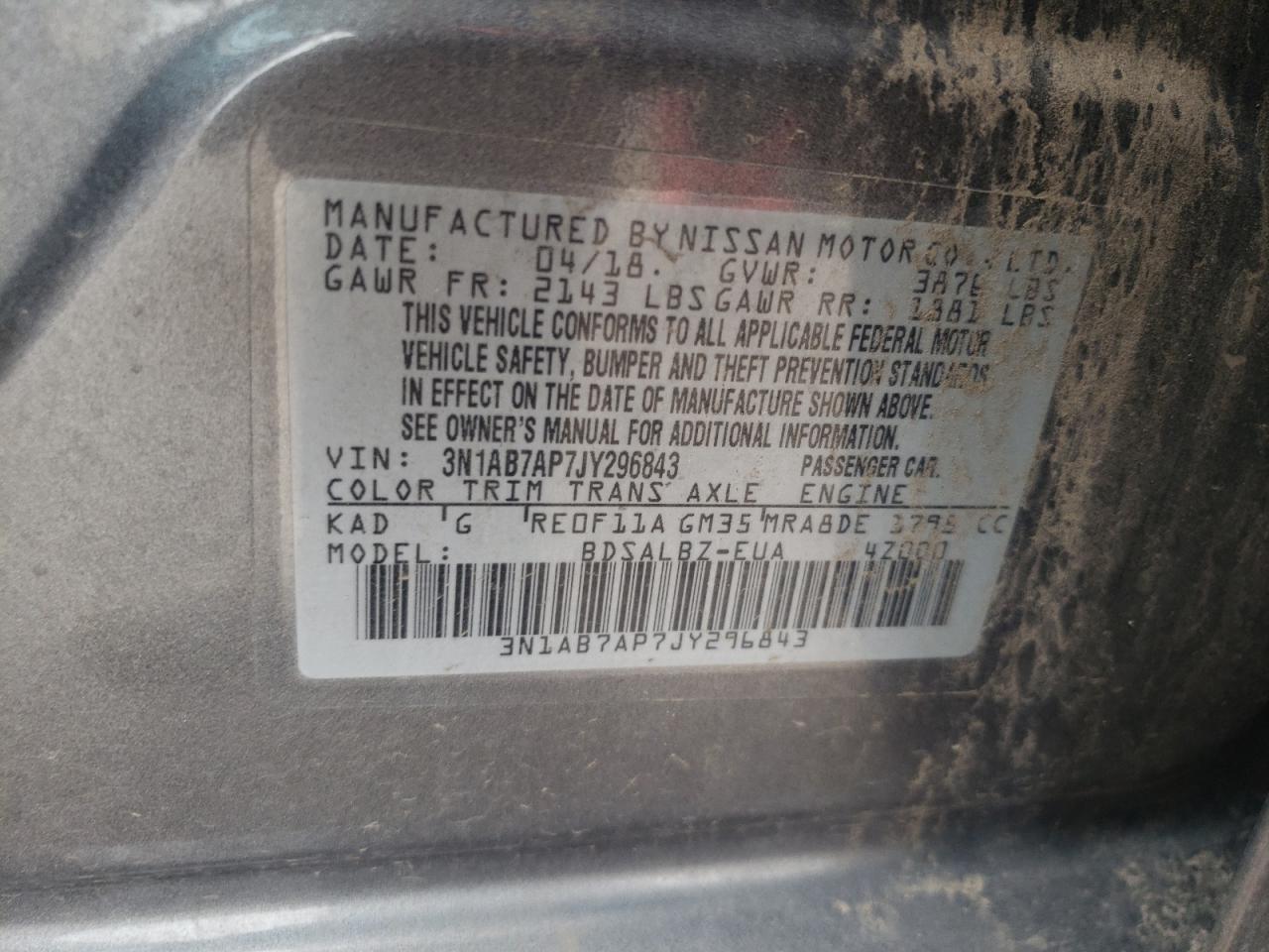 3N1AB7AP7JY296843 2018 Nissan Sentra S