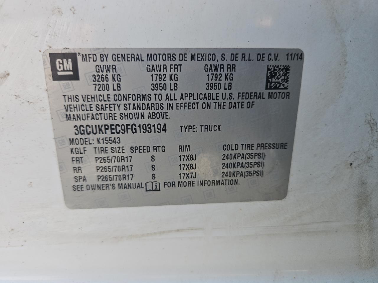 3GCUKPEC9FG193194 2015 Chevrolet Silverado K1500