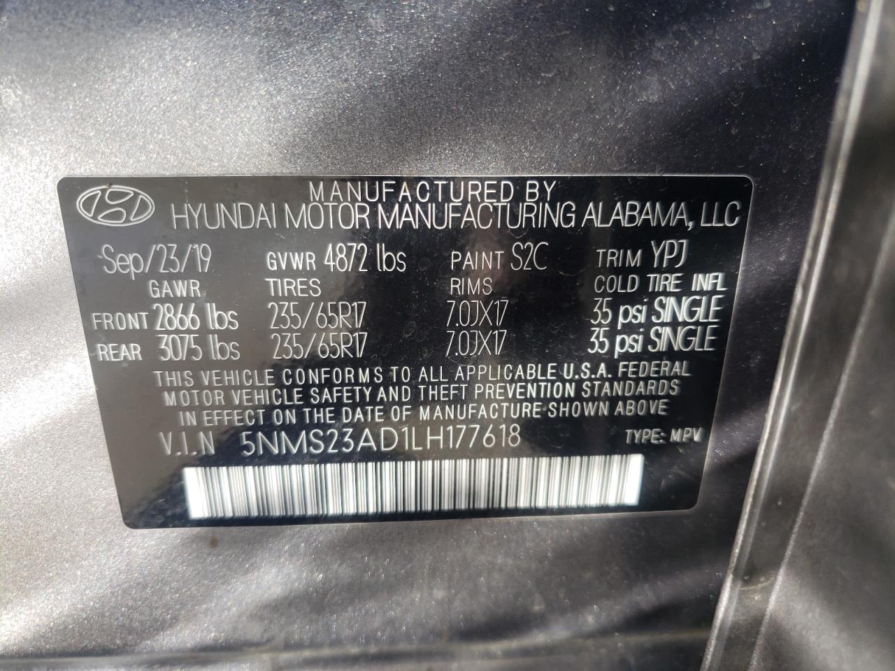 5NMS23AD1LH177618 2020 Hyundai Santa Fe Se