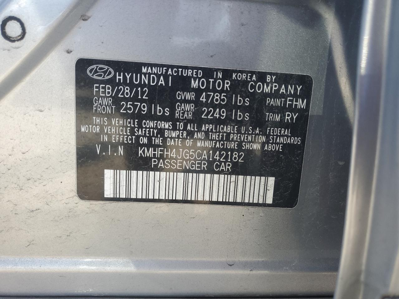 KMHFH4JG5CA142182 2012 Hyundai Azera Gls