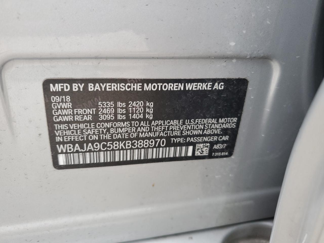 2019 BMW 530E vin: WBAJA9C58KB388970