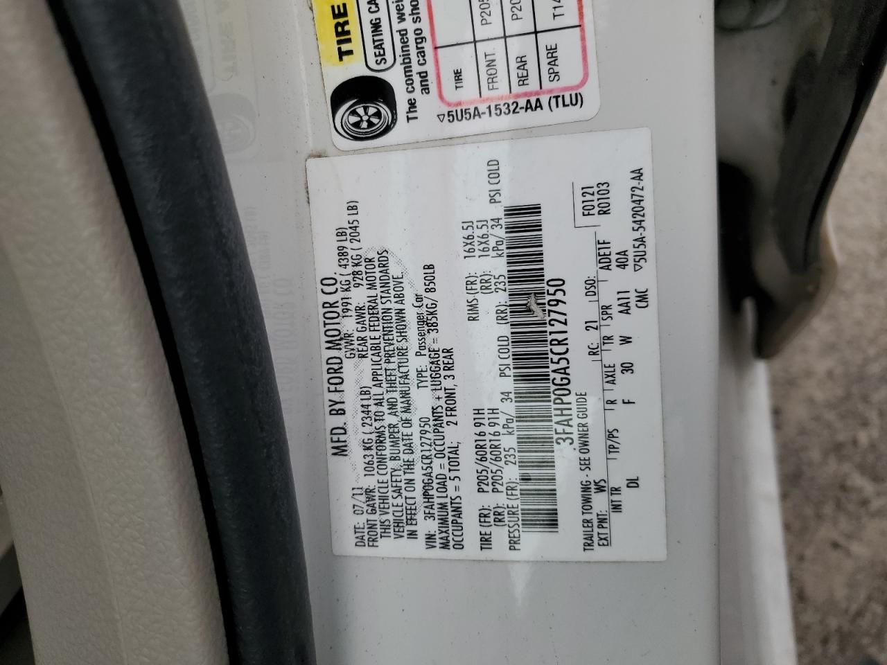 3FAHP0GA5CR127950 2012 Ford Fusion S