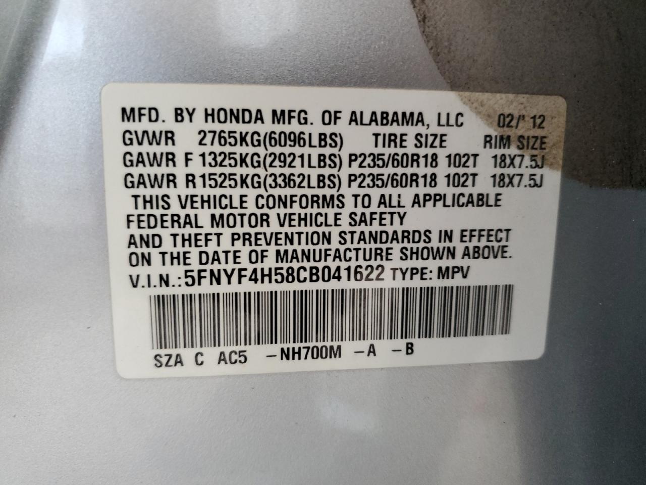 5FNYF4H58CB041622 2012 Honda Pilot Exl