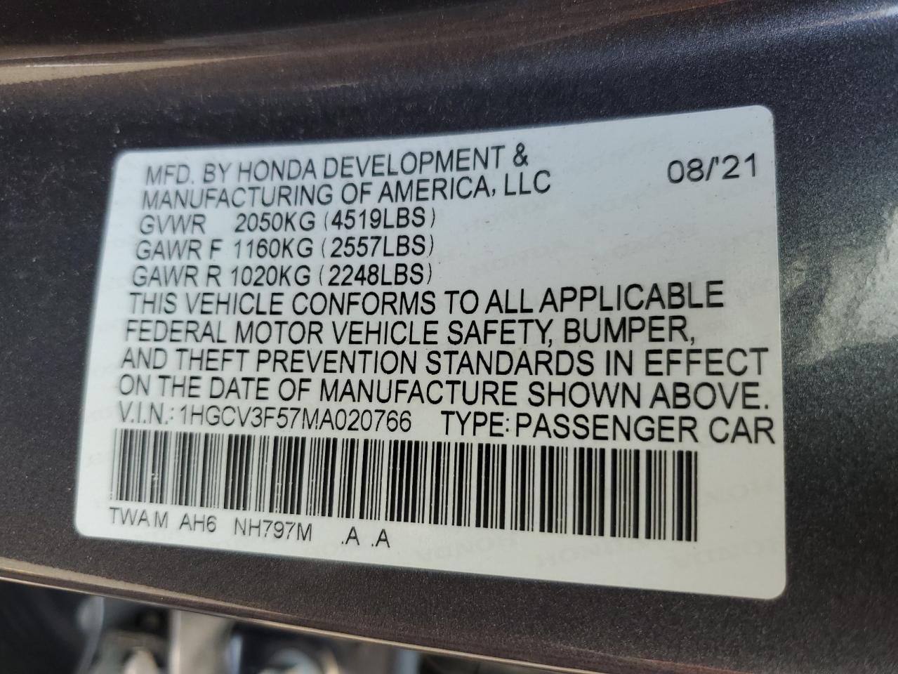 1HGCV3F57MA020766 2021 Honda Accord Hybrid Exl