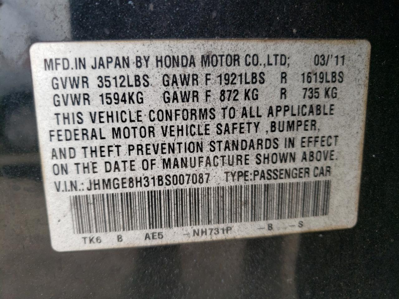 JHMGE8H31BS007087 2011 Honda Fit