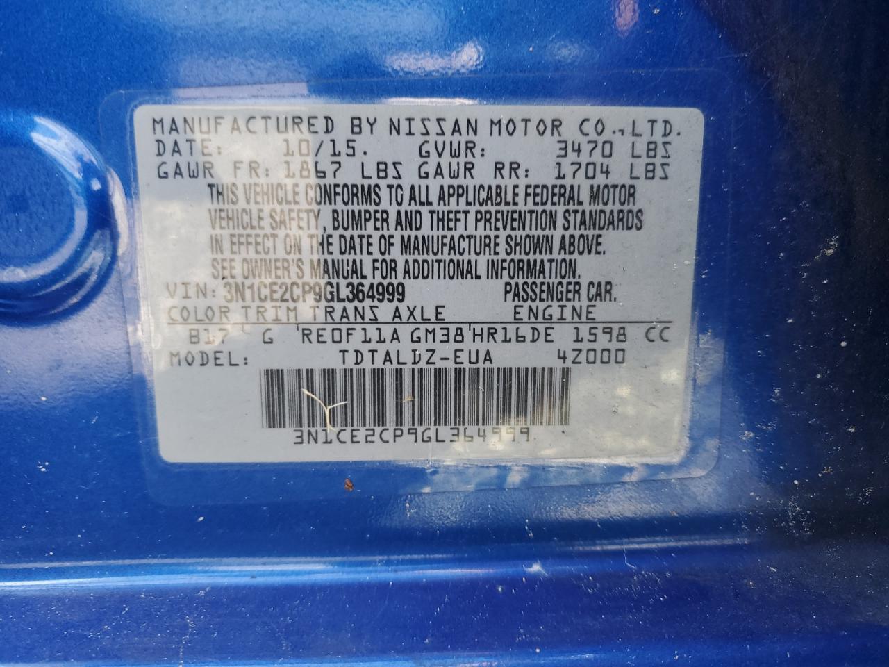 3N1CE2CP9GL364999 2016 Nissan Versa Note S