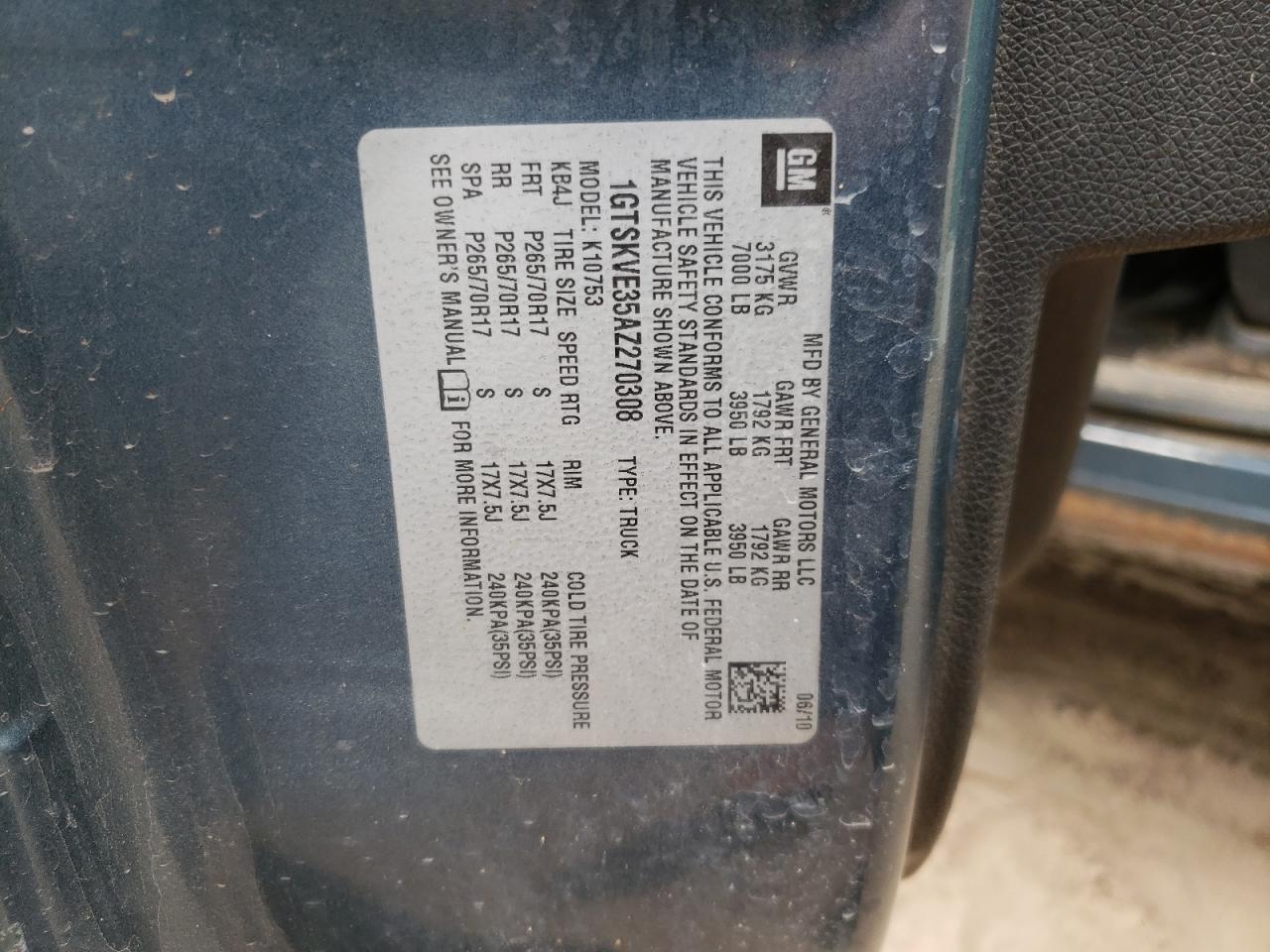 1GTSKVE35AZ270308 2010 GMC Sierra K1500 Sle