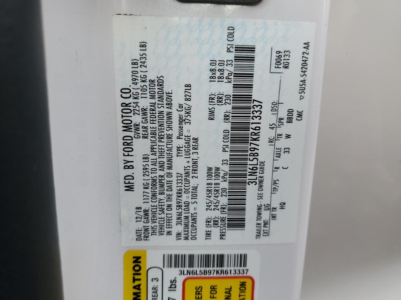 3LN6L5B97KR613337 2019 Lincoln Mkz