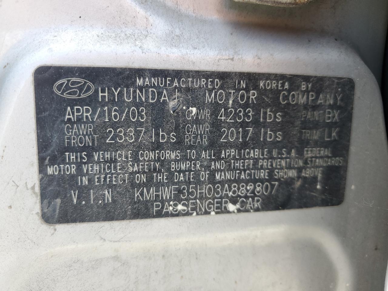 KMHWF35H03A882807 2003 Hyundai Sonata Gls