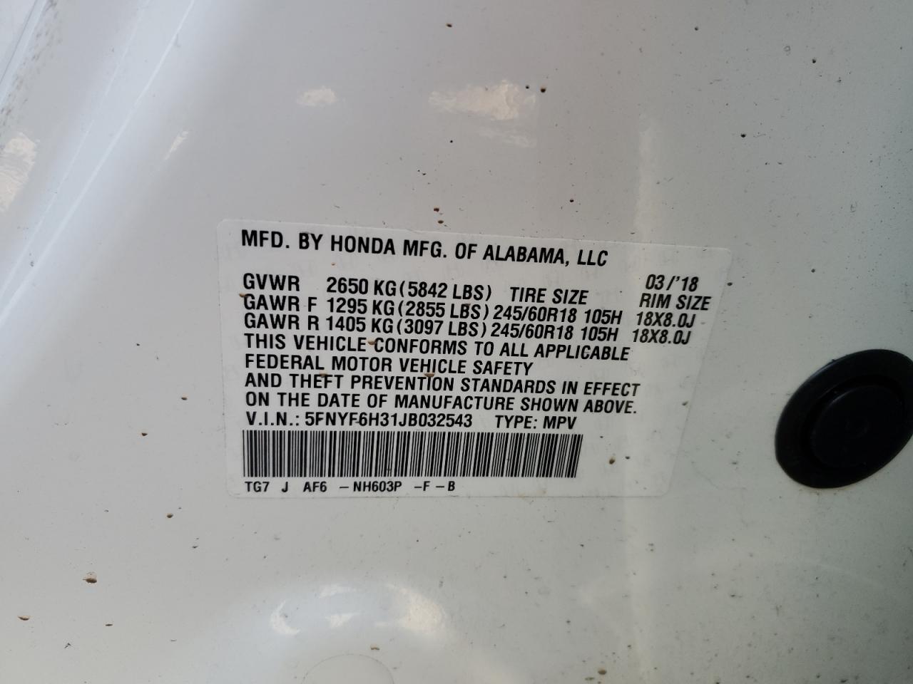 5FNYF6H31JB032543 2018 Honda Pilot Ex