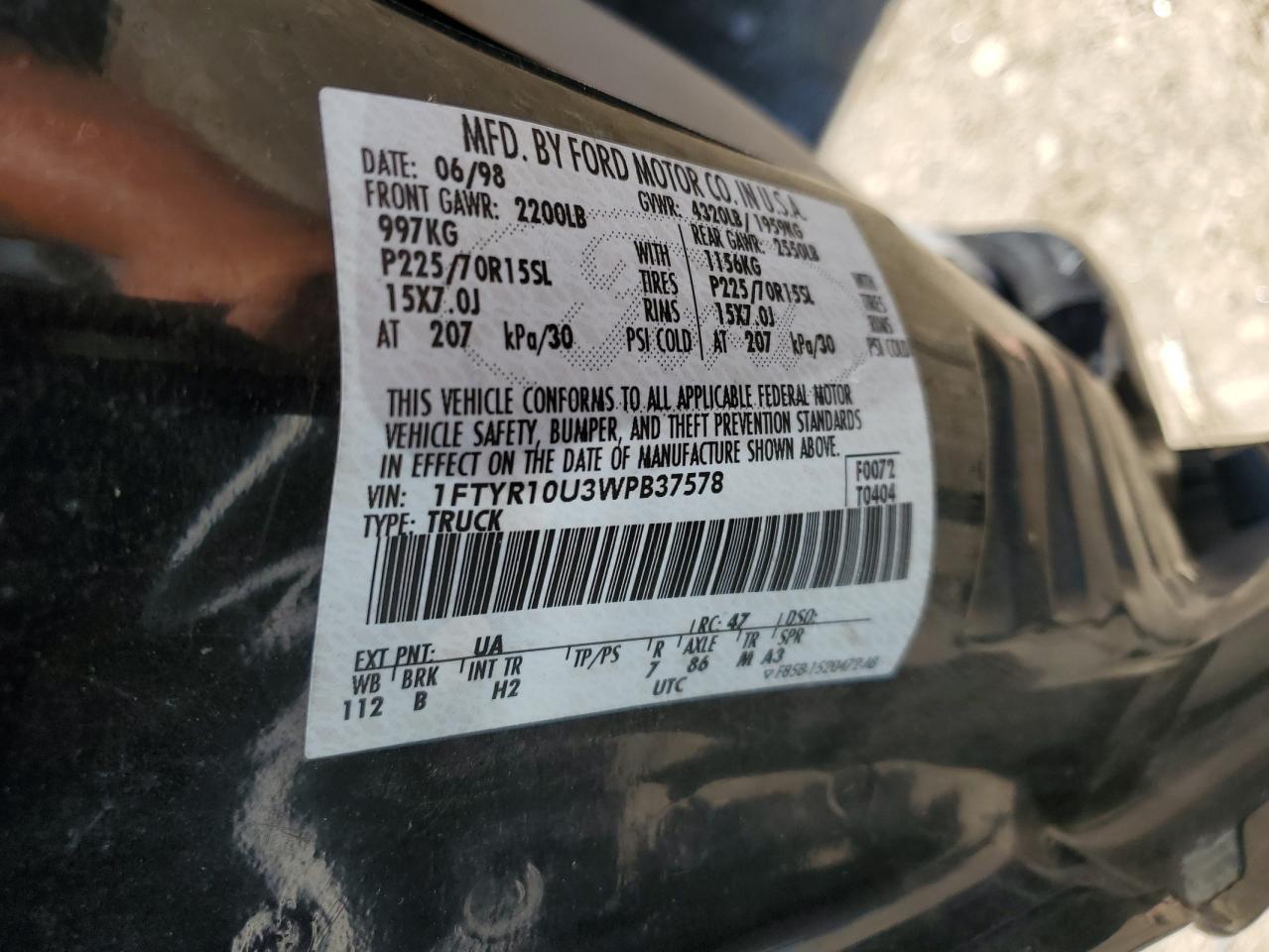 1FTYR10U3WPB37578 1998 Ford Ranger