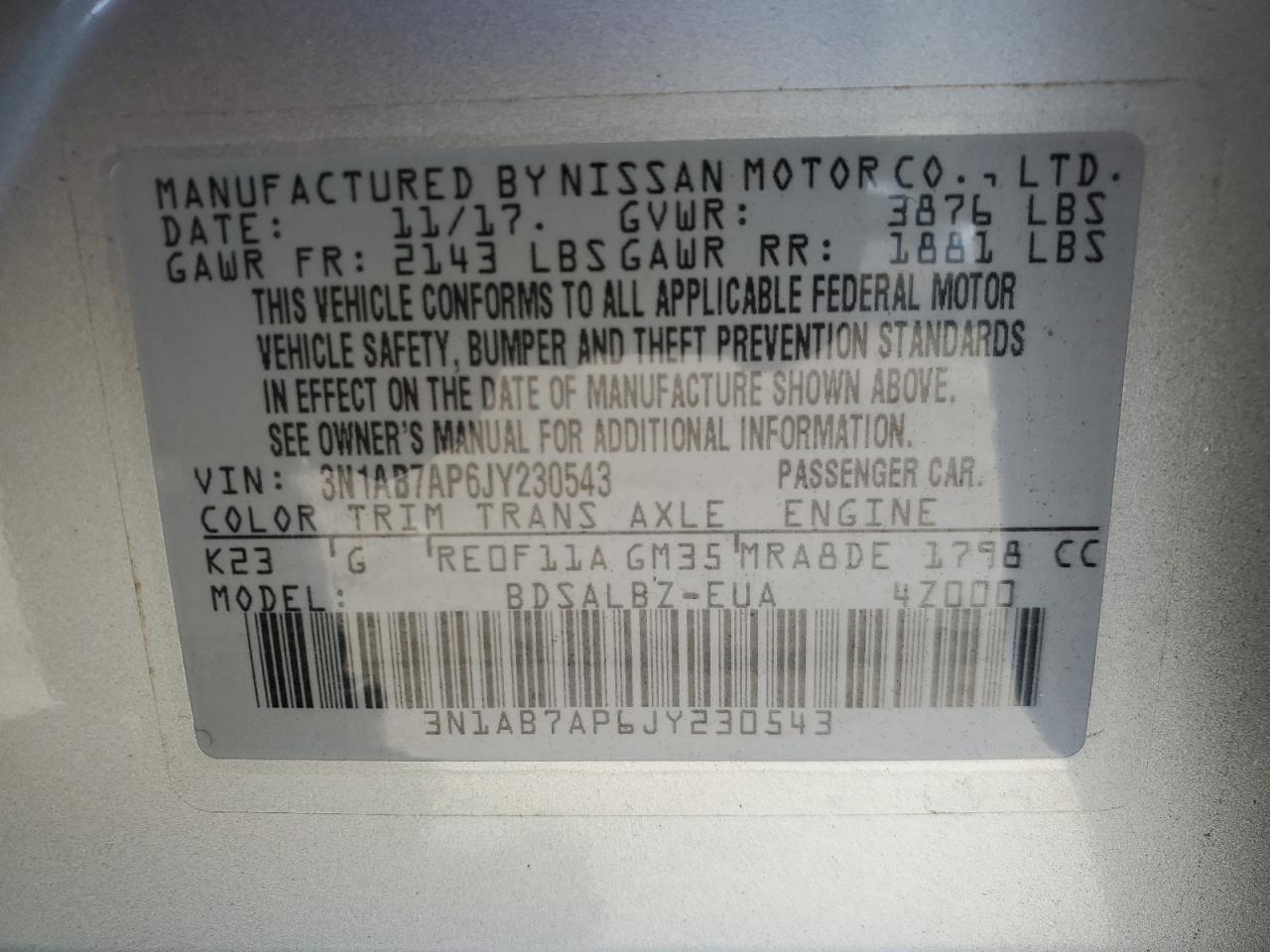 3N1AB7AP6JY230543 2018 Nissan Sentra S