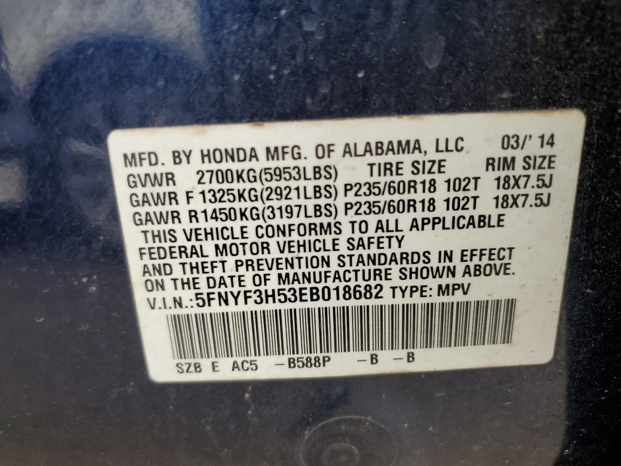 5FNYF3H53EB018682 2014 Honda Pilot Exl