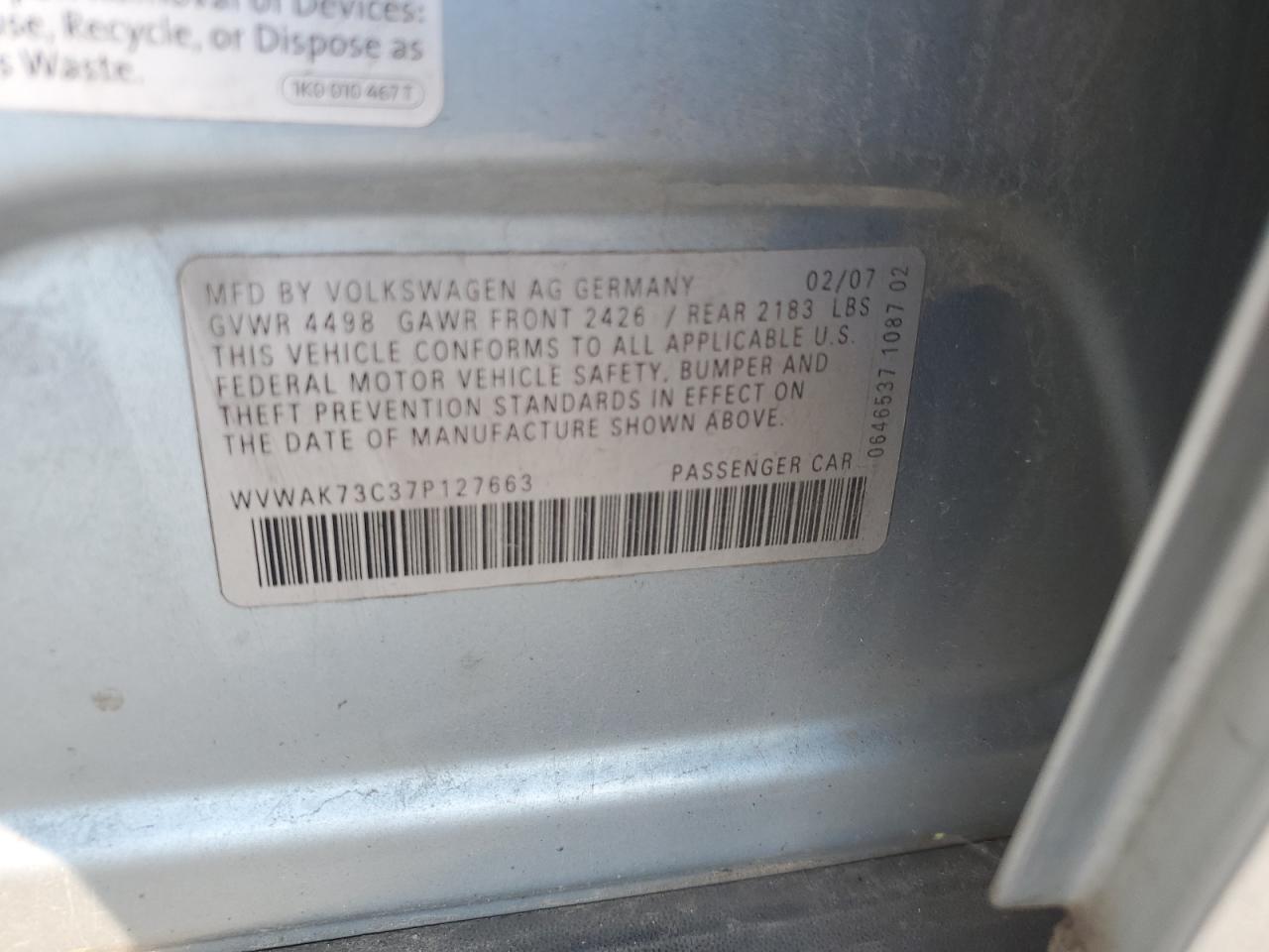 WVWAK73C37P127663 2007 Volkswagen Passat 2.0T