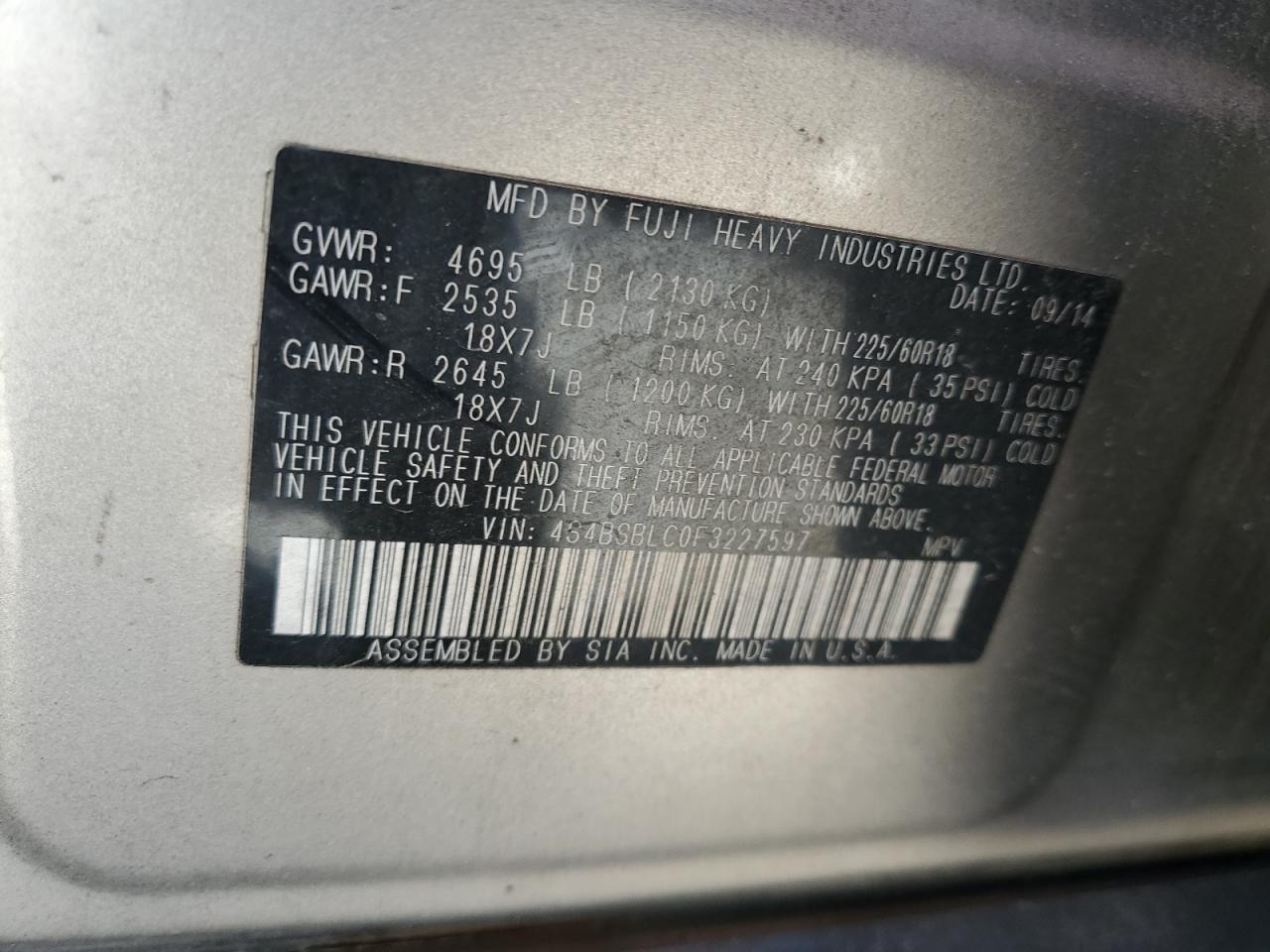 4S4BSBLC0F3227597 2015 Subaru Outback 2.5I Limited