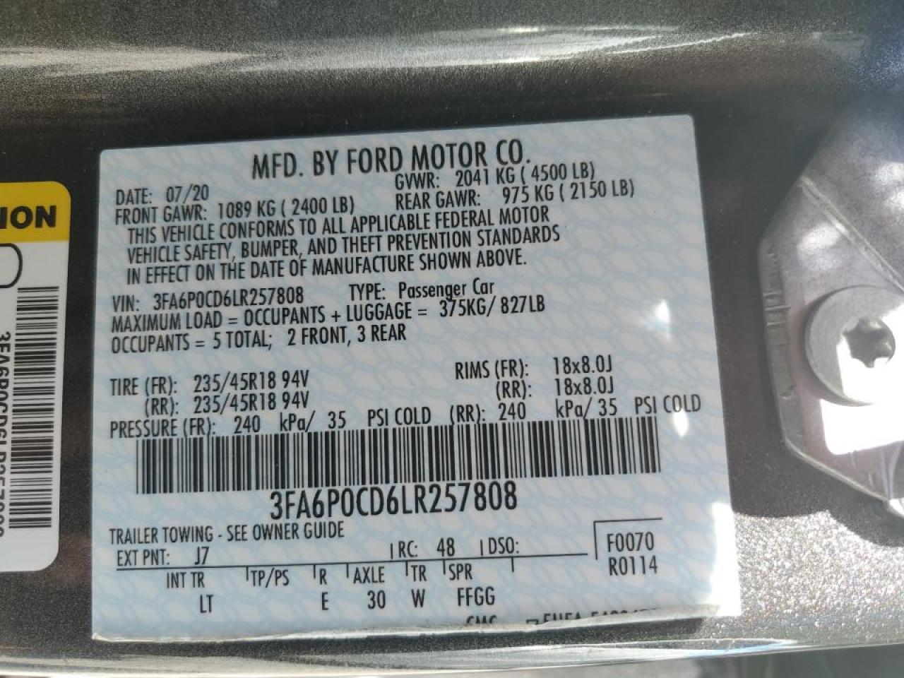 3FA6P0CD6LR257808 2020 Ford Fusion Sel