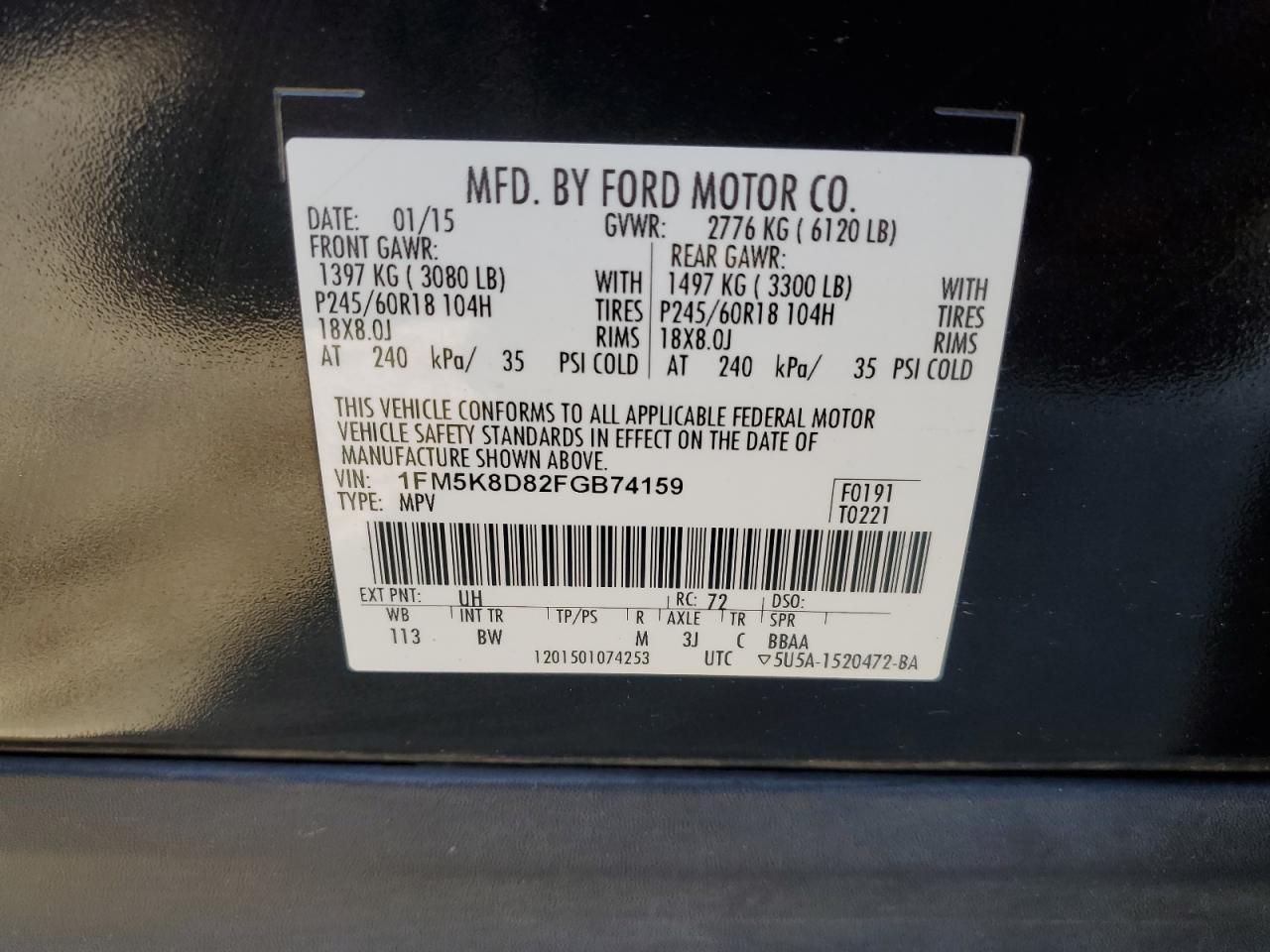 1FM5K8D82FGB74159 2015 Ford Explorer Xlt